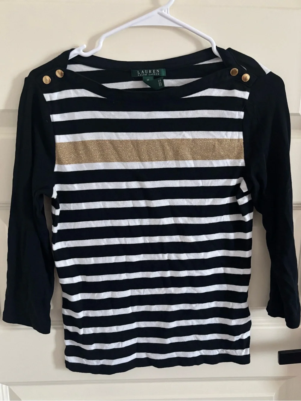 Ralph Lauren Black & White Striped Long Sleeve Top with Gold Accent
